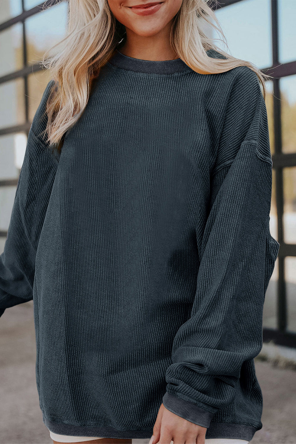 Strawberry Pink Ribbed Corduroy Oversized Sweatshirt