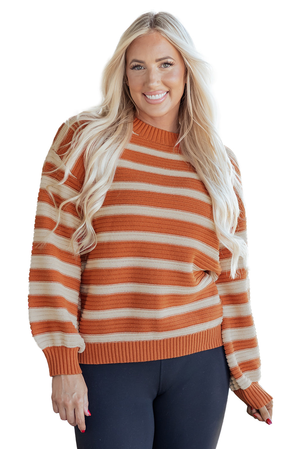 Orange Stripe Ribbed Trim Drop Shoulder Sweater
