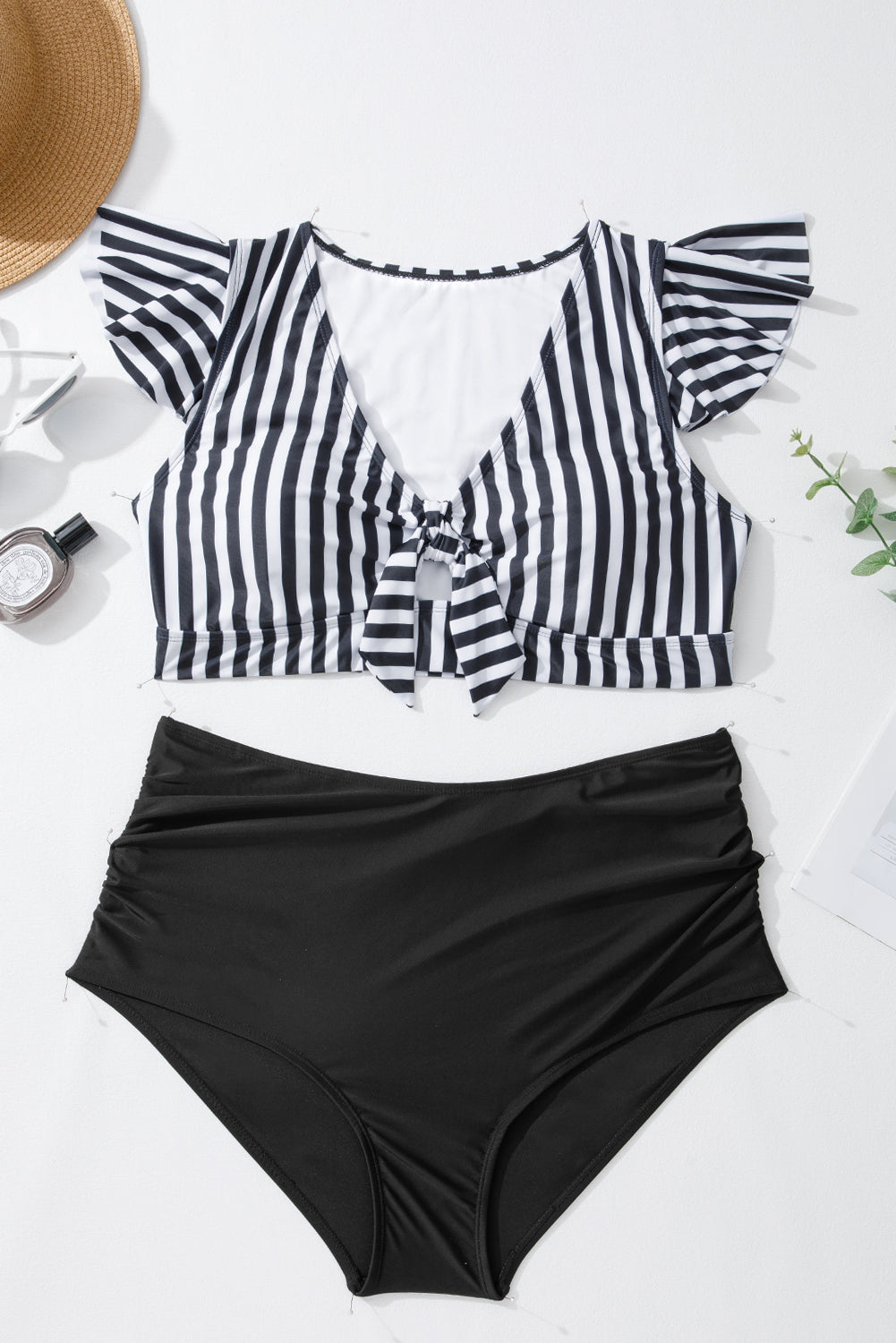 Black Stripe Plus Size Knot Cutout Ruffle Sleeve and High Waisted 2pcs Swimsuit image 6