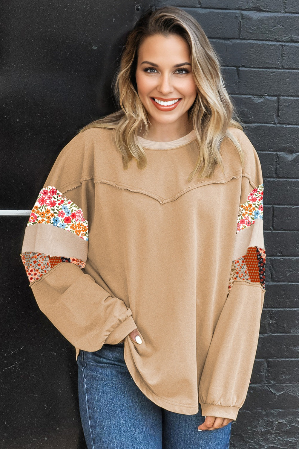 Khaki Exposed Seam Floral Mixed Patchwork Relaxed Plus Size Top