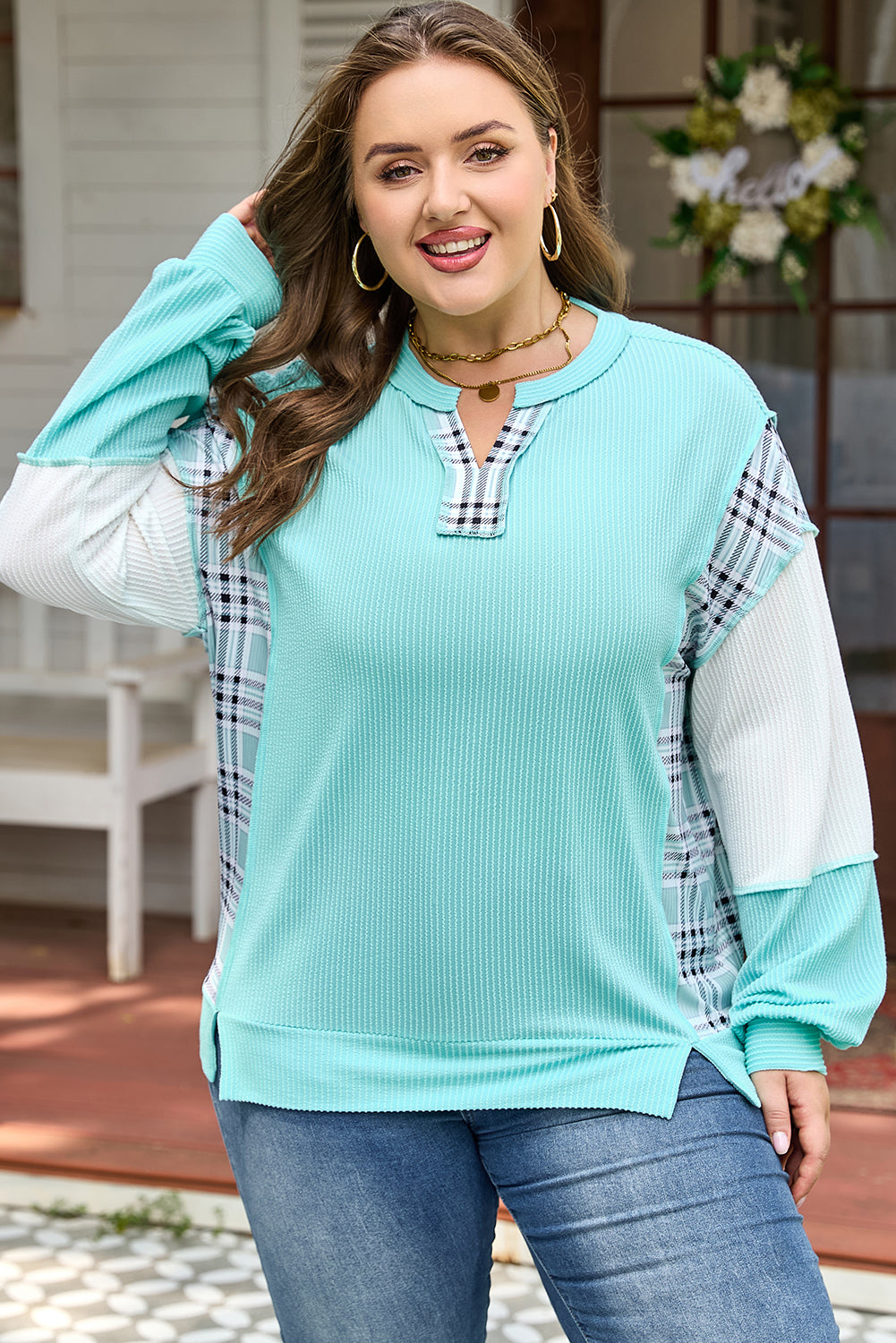 Aruba Blue Twist Ribbed Color Block Plaid Patchwork Plus Size Long Sleeve Top