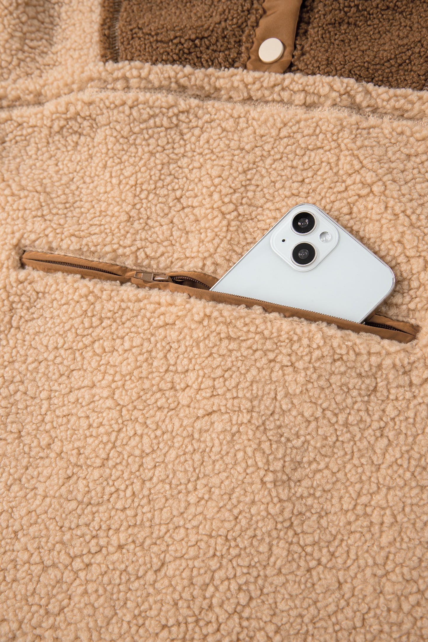 Straw Yellow 2-tone Color Block Patchwork Half Button Sherpa Sweatshirt