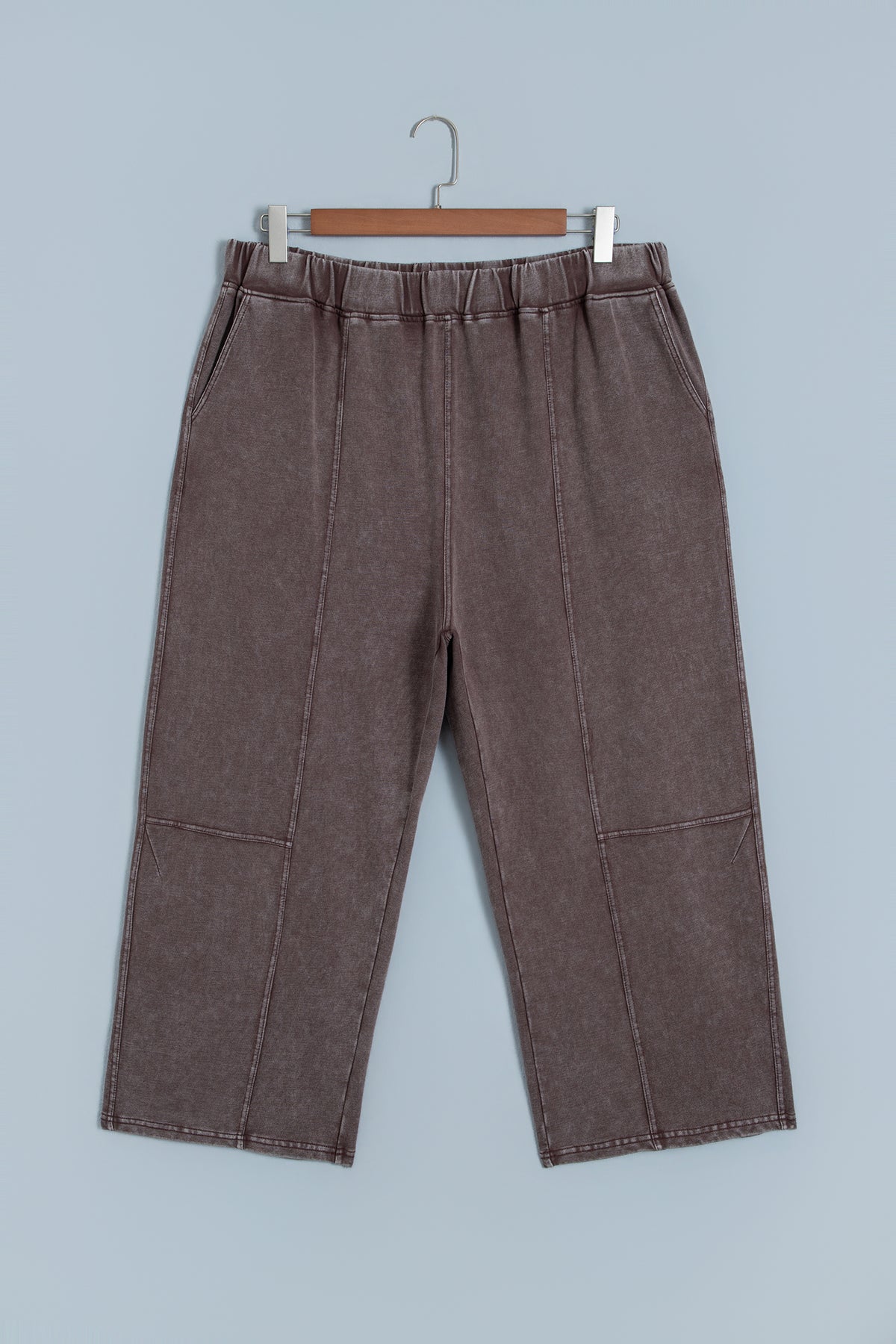 Coffee Mineral Wash Elastic Waistband Plus Size Barrel Pants