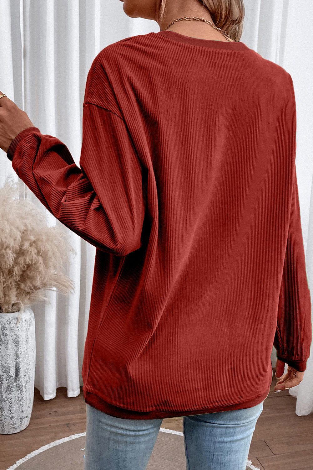 Strawberry Pink Ribbed Corduroy Oversized Sweatshirt