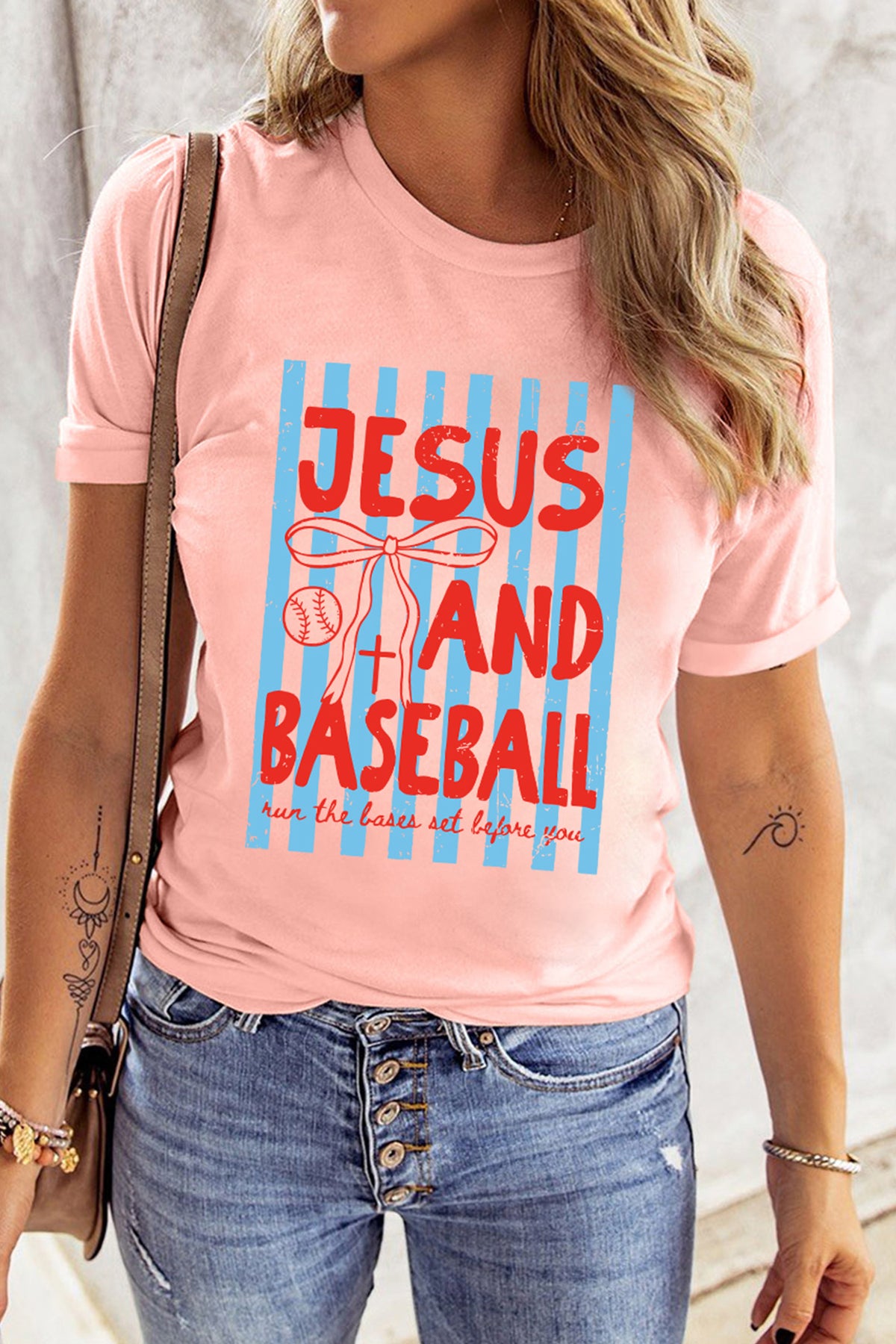 Pink JESUS AND BASEBALL Coquette Striped Print T Shirt