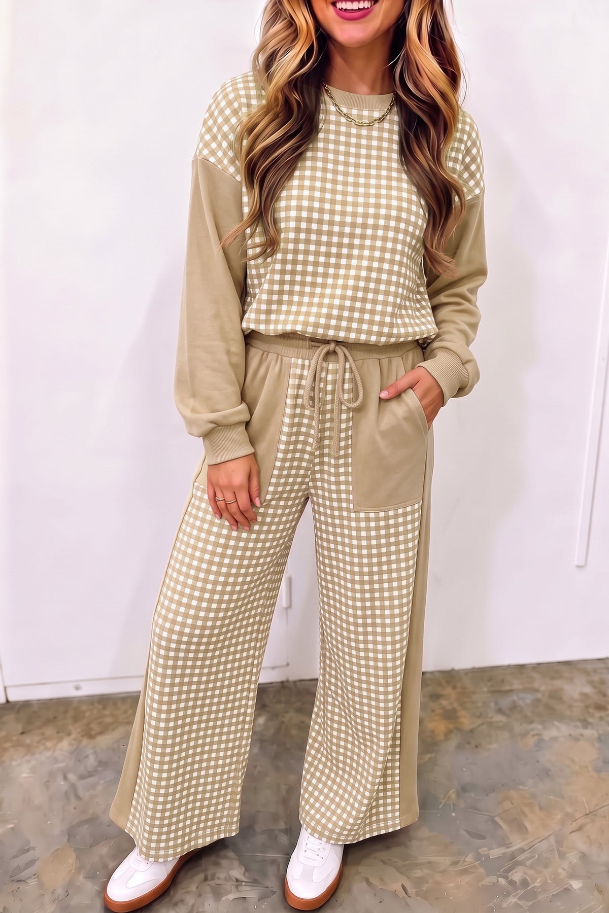Khaki Color Block Plaid Patchwork Long Sleeve Pullover Wide Leg Pant Set