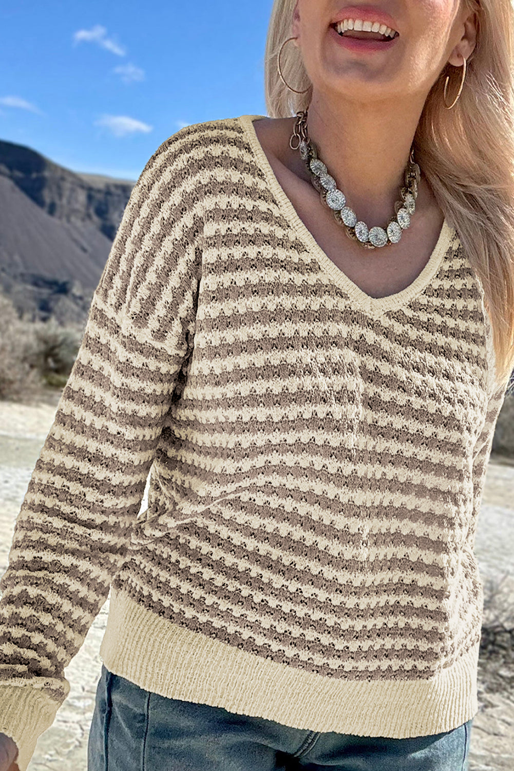 Khaki Stripe Plus Size V Neck Drop Shoulder Sweater
