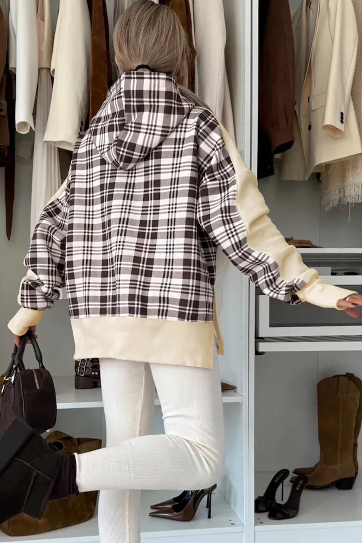Chicory Coffee Plaid Patchwork Side Slit Hoodie