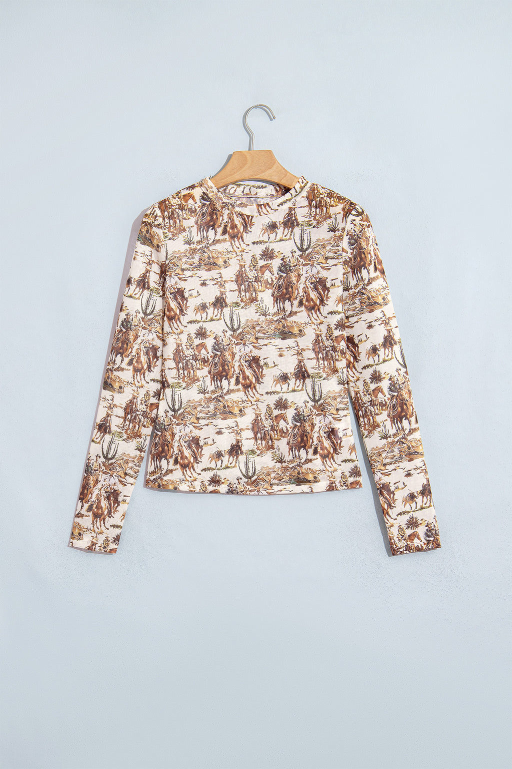 Brown Western Cowboy Floral Print Sheer Mesh Long Sleeve Top