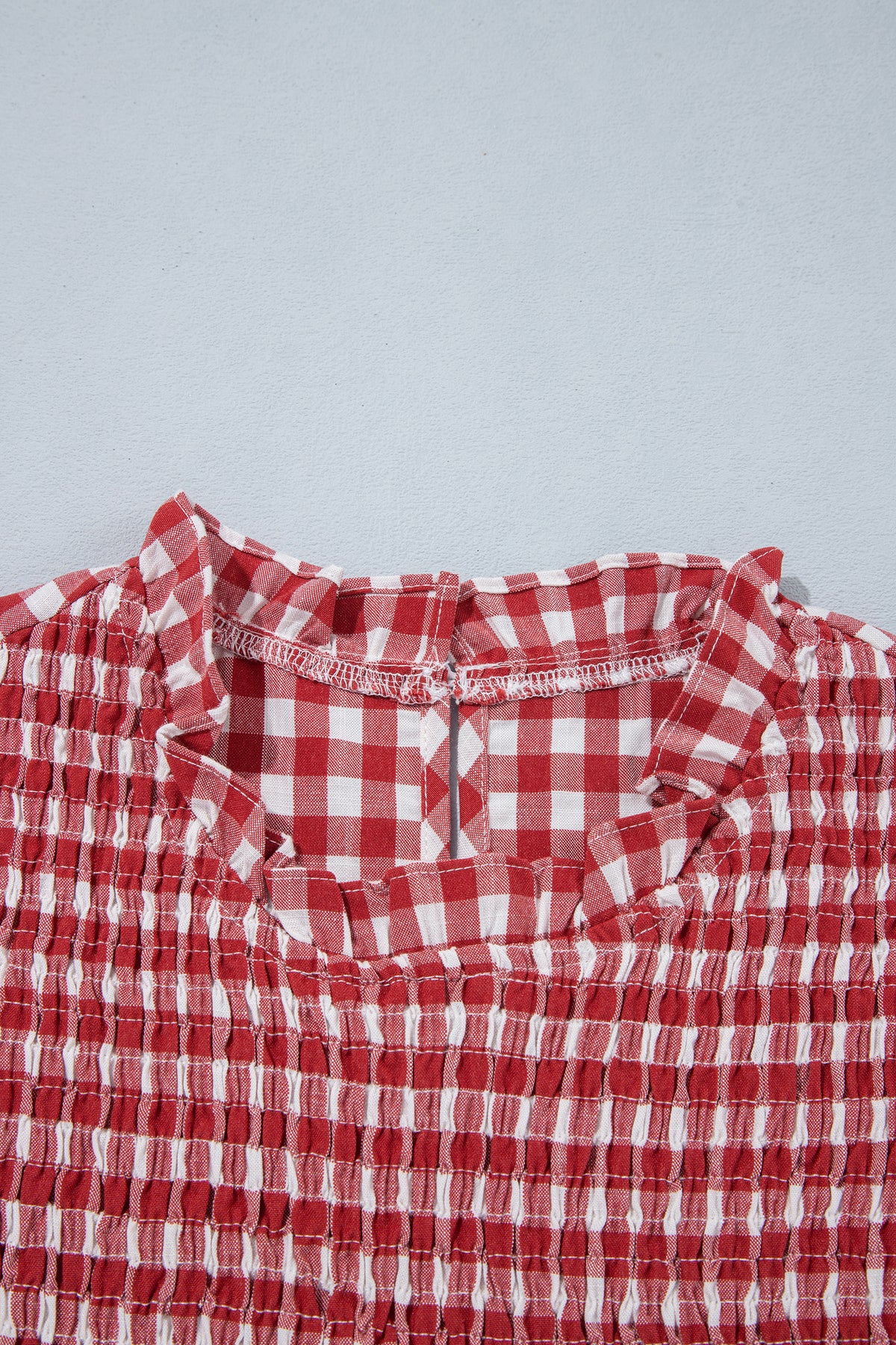 Green 3/4 Sleeve Shirred Plaid Peplum Top