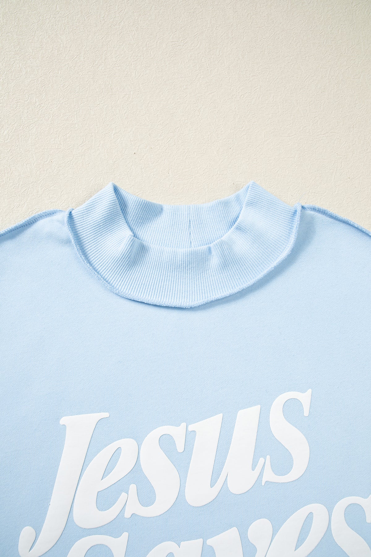 Mist Blue Jesus Saves Slogan Print Stand Neck Baggy Sweatshirt