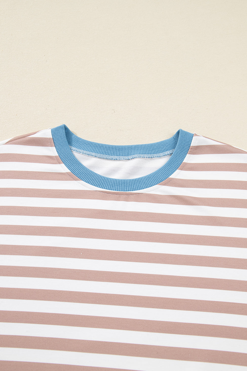 Khaki Stripe Contrast Edge Drop Shoulder Pullover and Shorts Plus Size Set