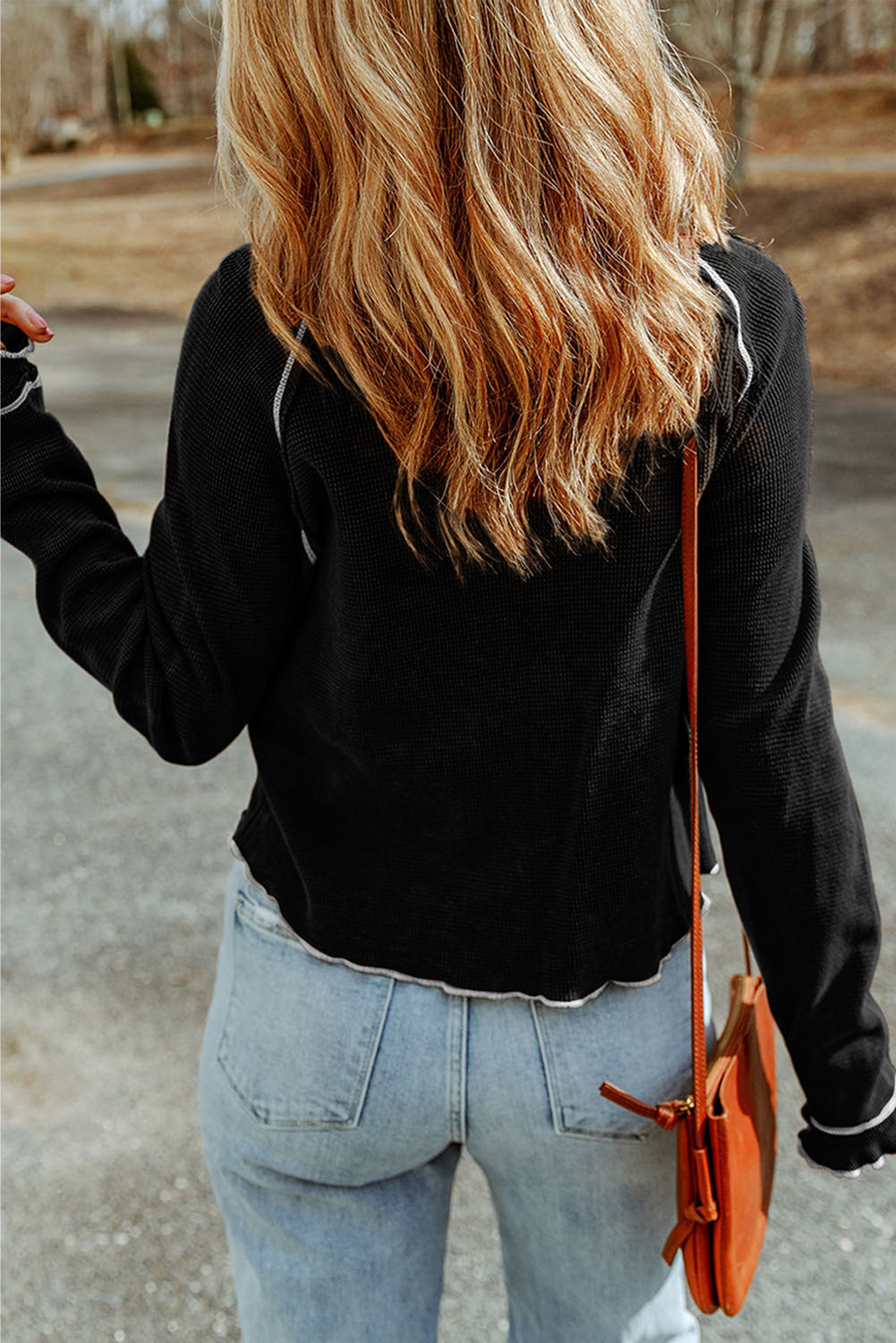 Smoke Gray Textured Round Neck Long Sleeve Top