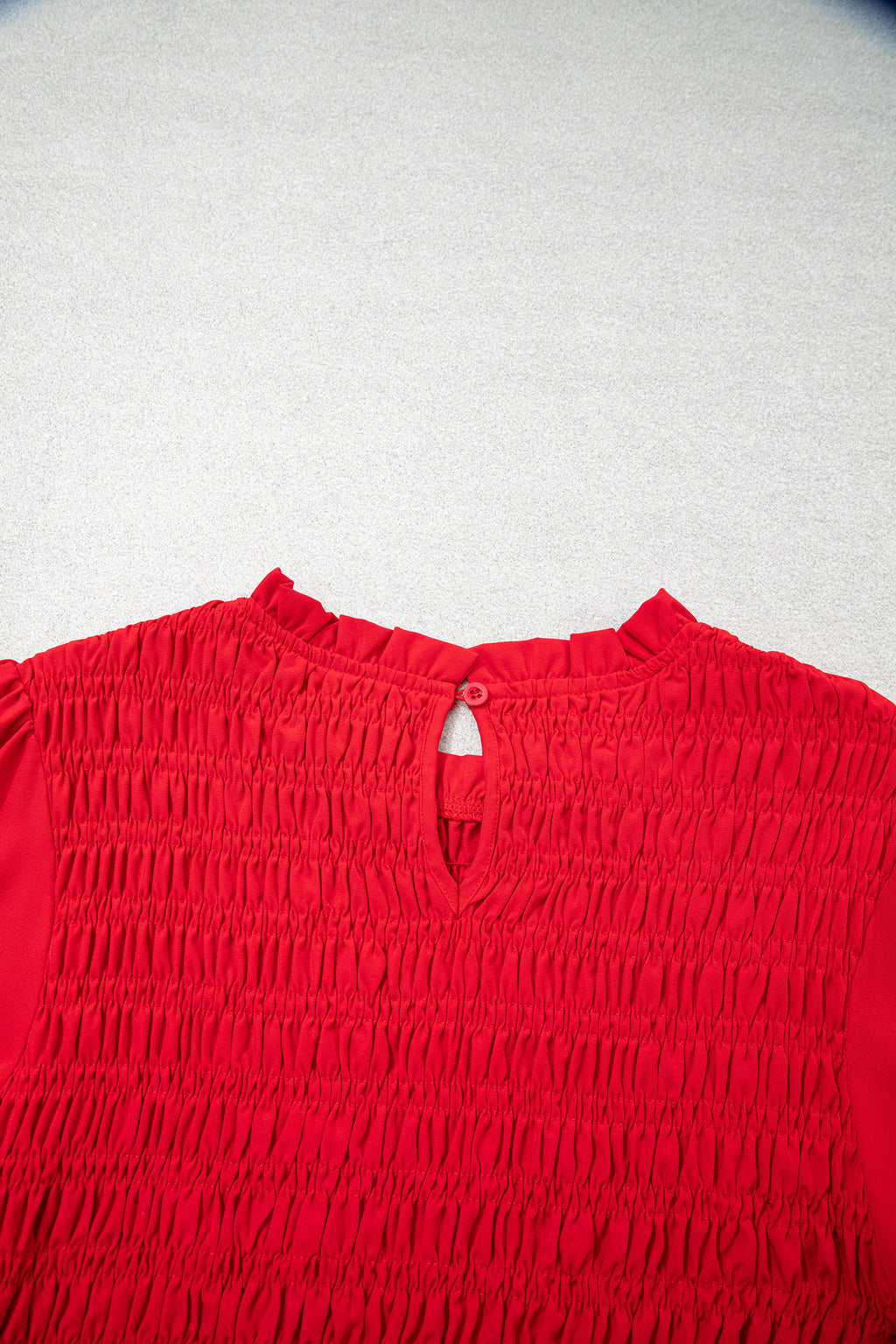 Coffee Solid Color Smocked Ruffle Hem Long Sleeve Blouse