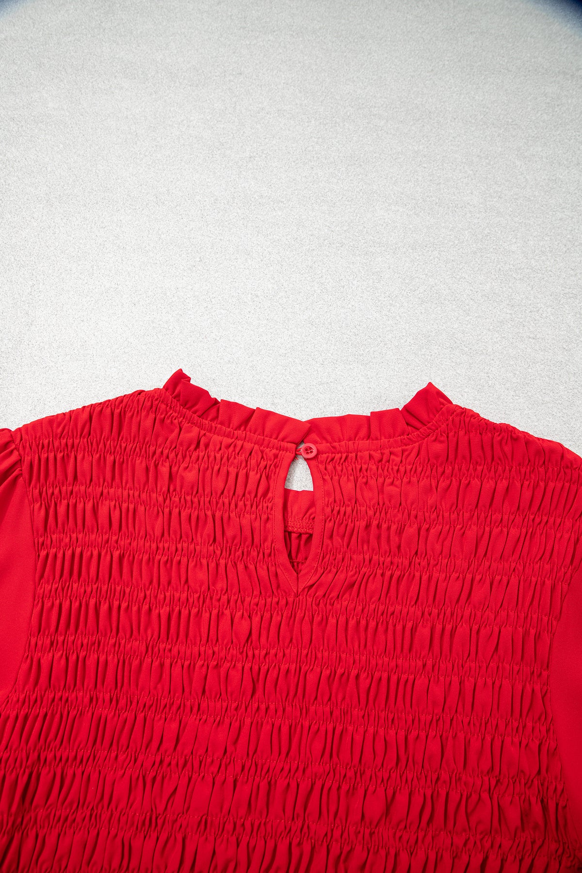 Coffee Solid Color Smocked Ruffle Hem Long Sleeve Blouse
