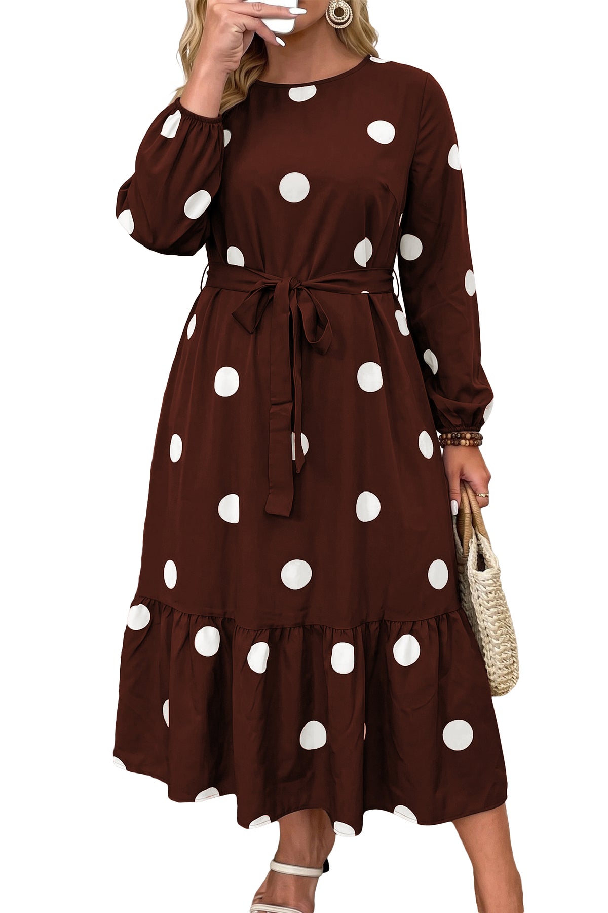 Brown Polka Dot Ruffled Hem Long Sleeve Tie Waist Plus Size Dress