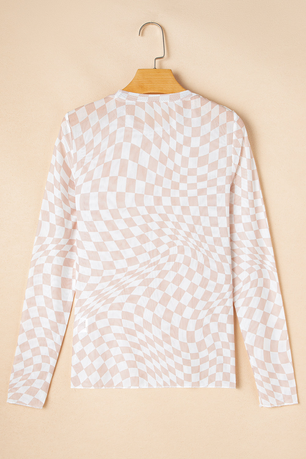 Black Checkered Pattern Mesh Mock Neck Long Sleeve Top