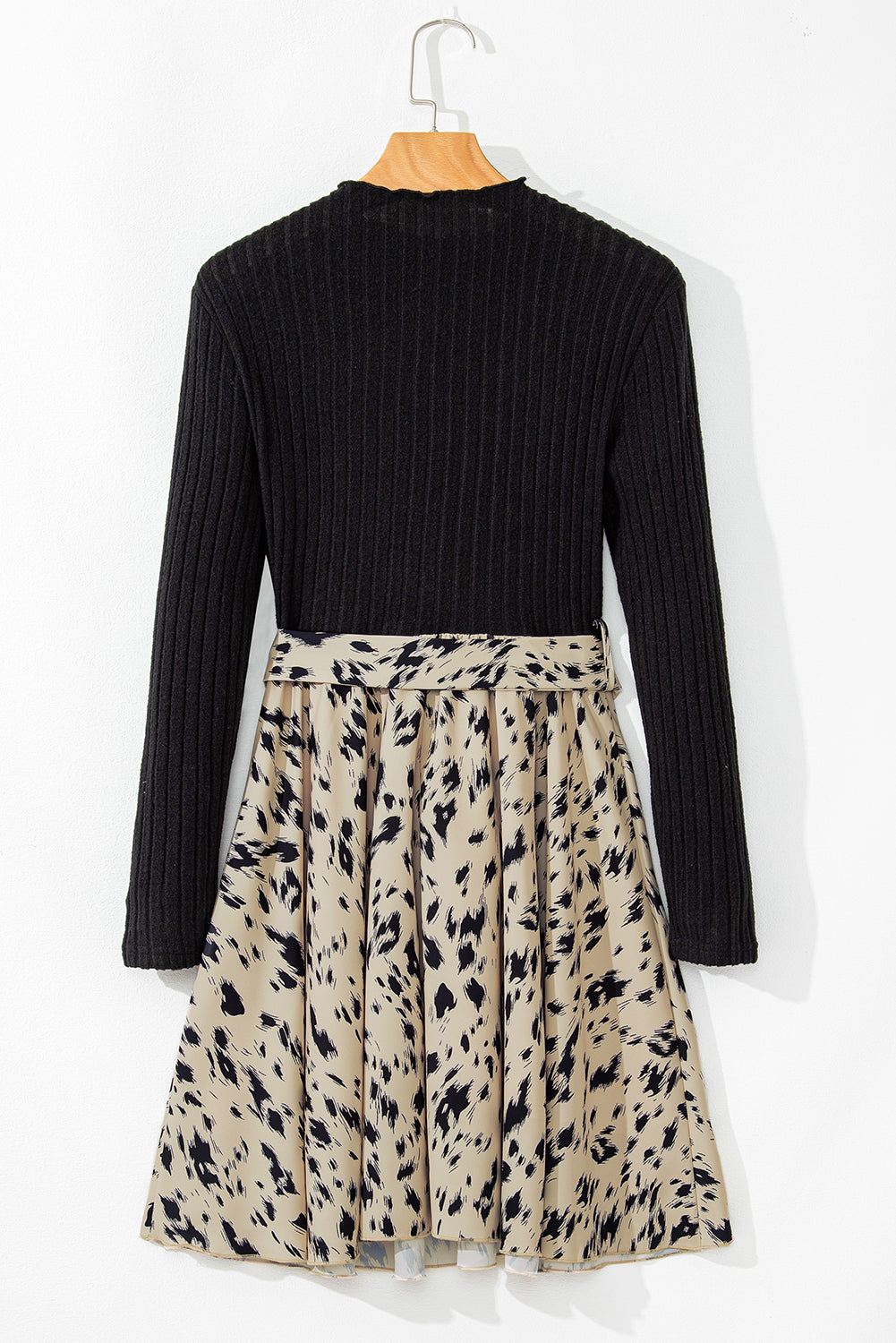 Black Ribbed Knit Patchwork Printed Belted A-line Dress image 7