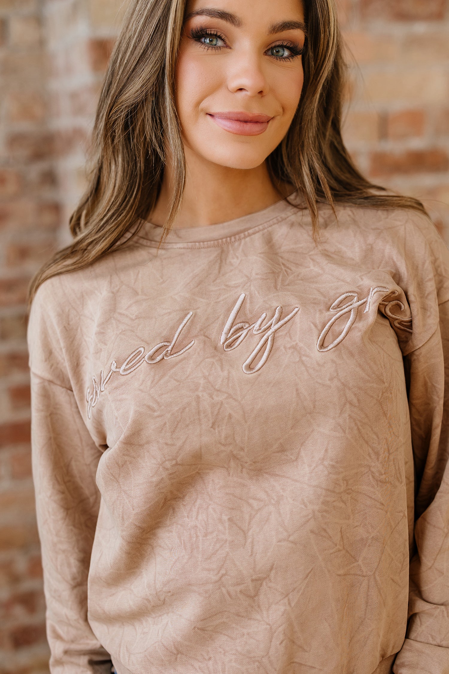 Mineral Red saved by grace Letter Embroidery Mineral Wash Loose Sweatshirt