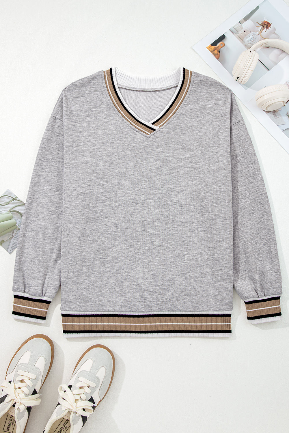 Parchment Varsity Contrast Striped Trim V Neck Sweatshirt