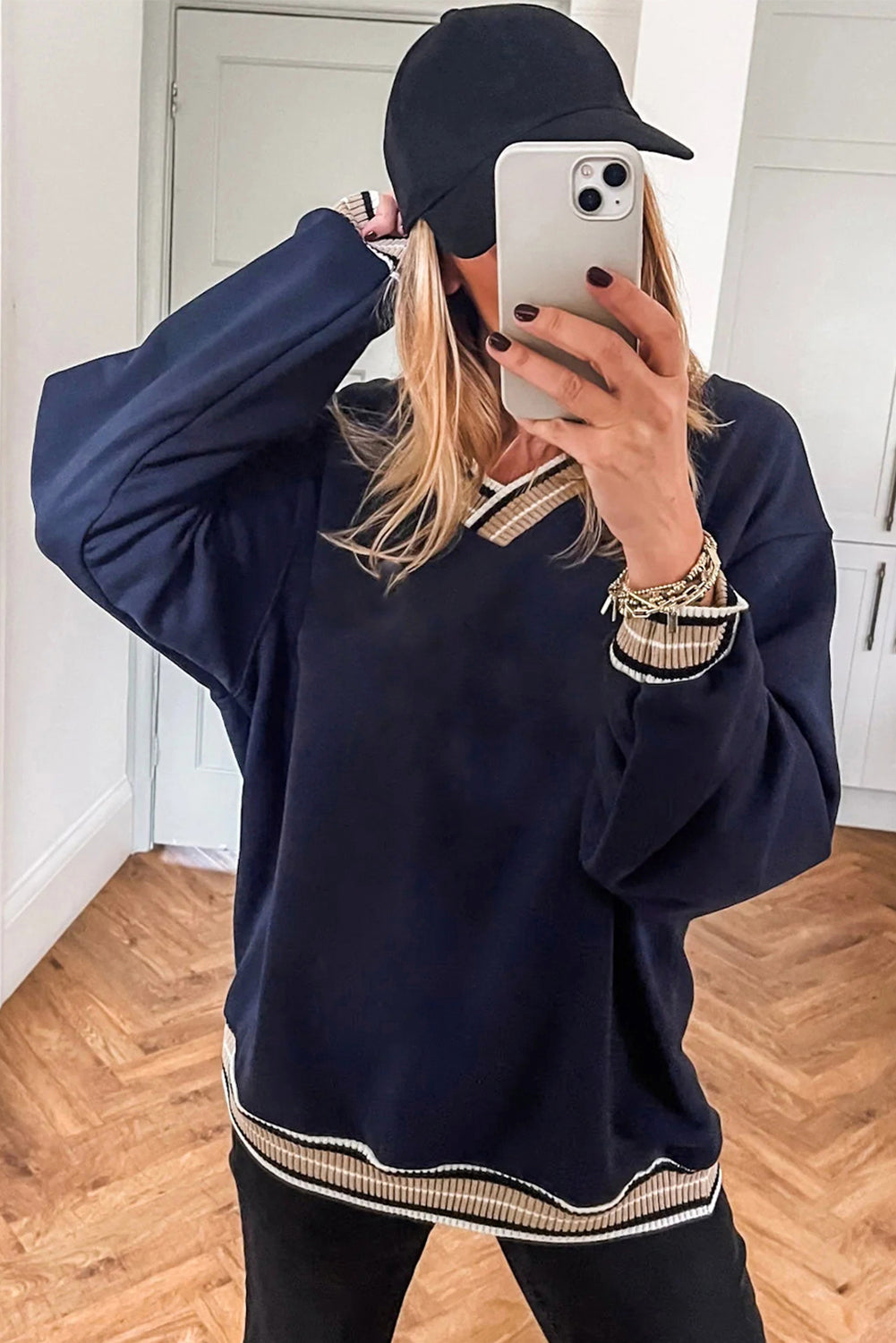 Parchment Varsity Contrast Striped Trim V Neck Sweatshirt