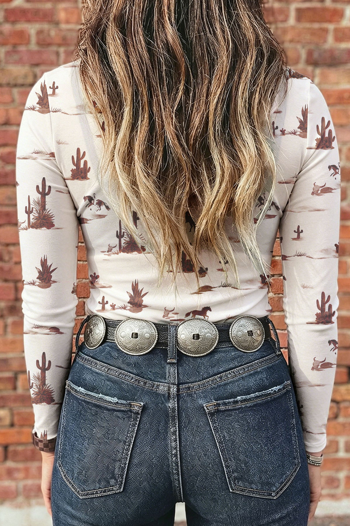 Oatmeal Western Print Slim Fit Mesh Long Sleeve Mock Neck Top