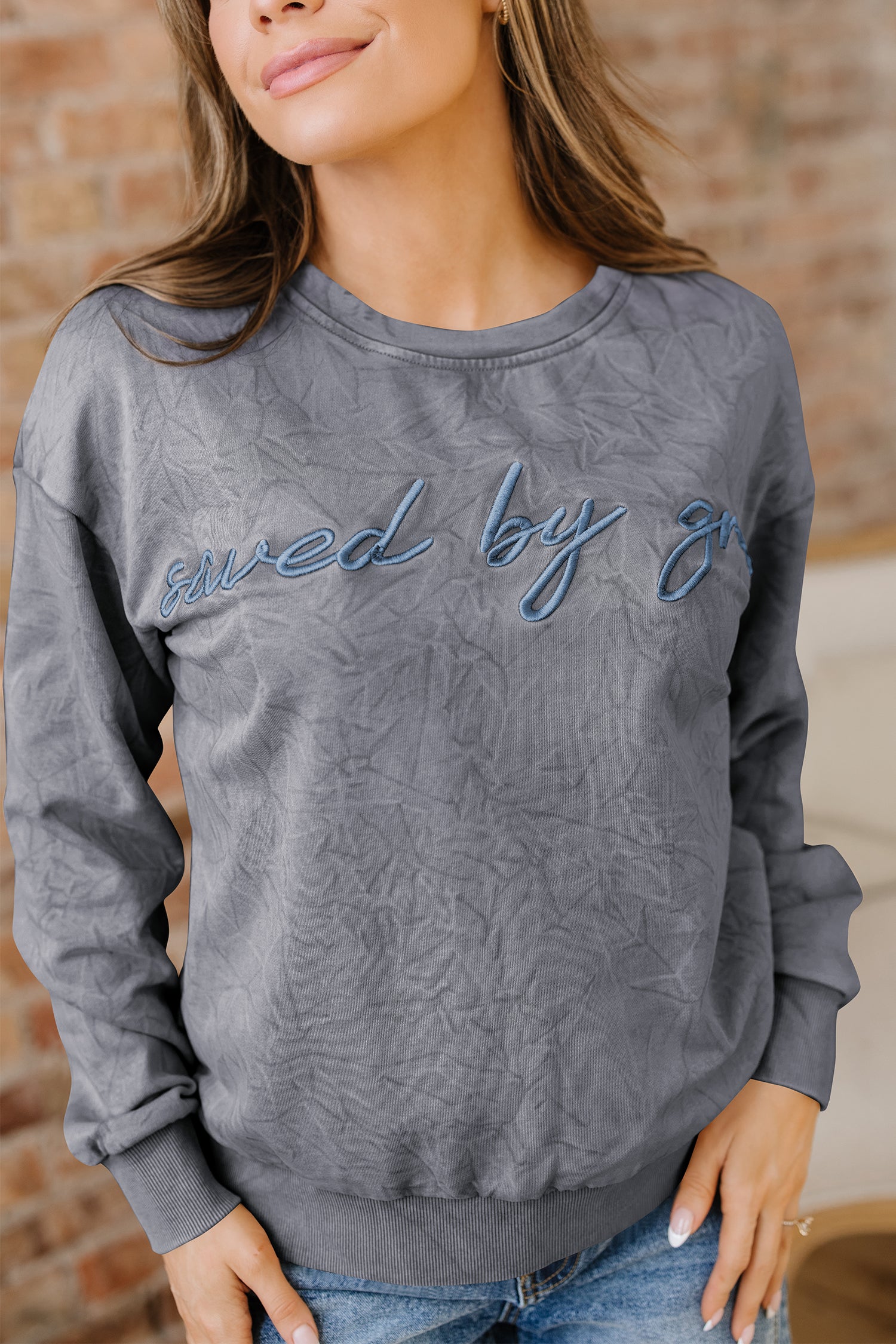 Mineral Red saved by grace Letter Embroidery Mineral Wash Loose Sweatshirt