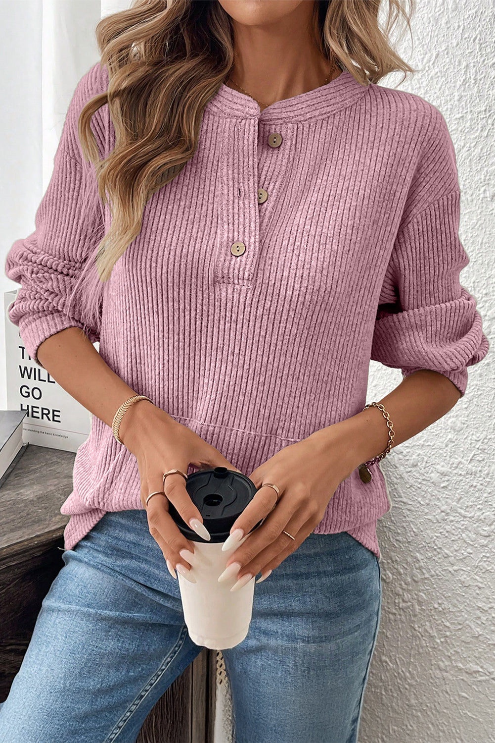 Clearly Aqua Ribbed Texture Drop Shoulder Henley Knit Top