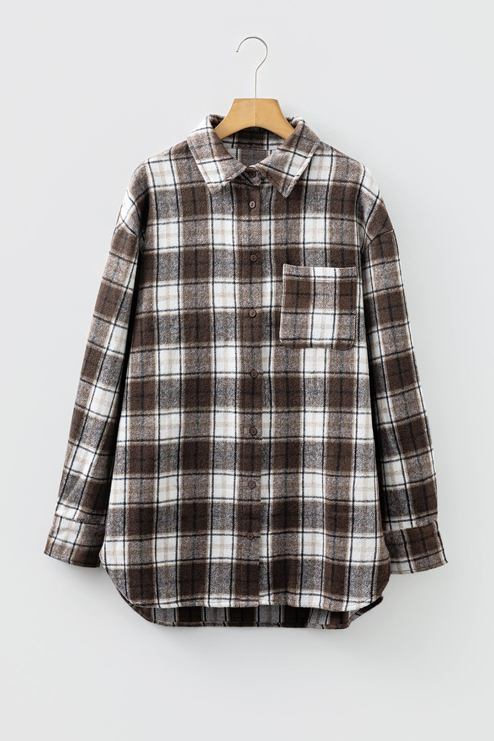 Dark Brown Flanel Plaid Single Chest Pocket Boyfriend Shacket