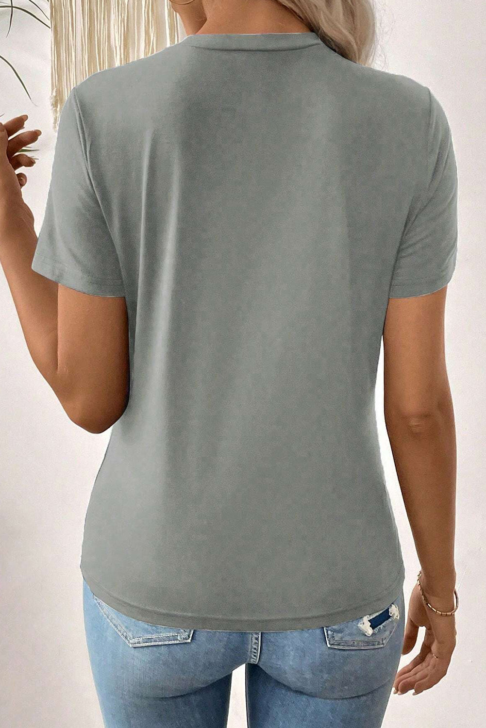 Blue Sapphire Solid Color Toothpick Stripe Round Neck T Shirt