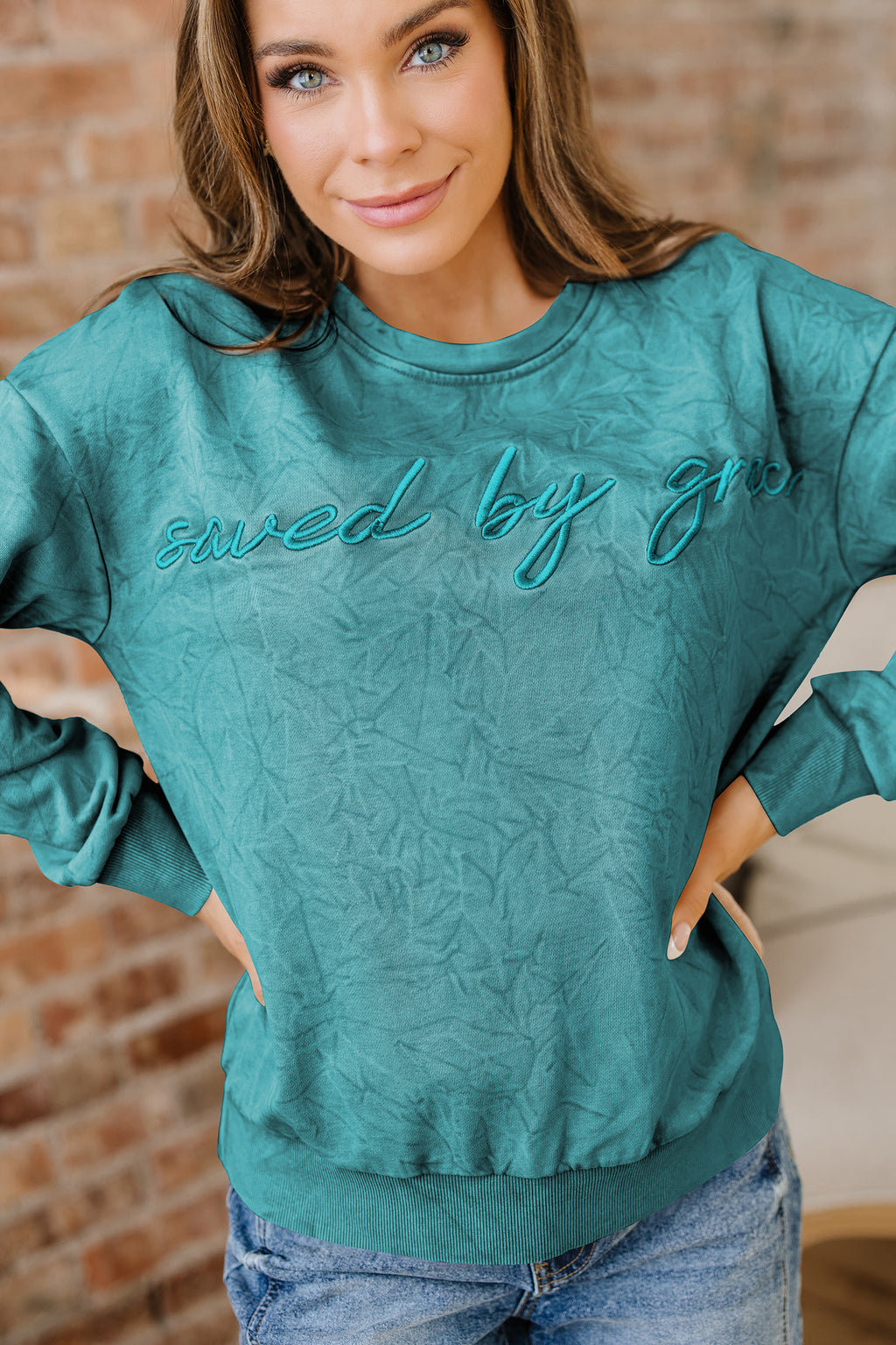 Mineral Red saved by grace Letter Embroidery Mineral Wash Loose Sweatshirt