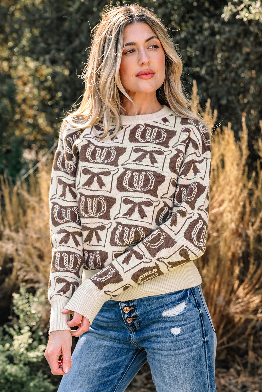Black Bows & Horseshoes Pattern Western Fashion Print Sweater