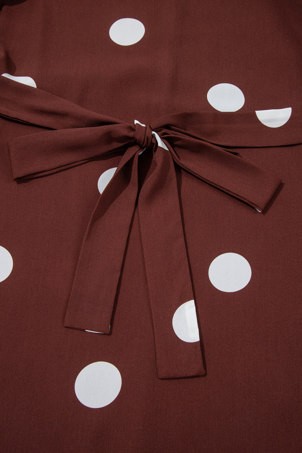 Brown Polka Dot Ruffled Hem Long Sleeve Tie Waist Plus Size Dress