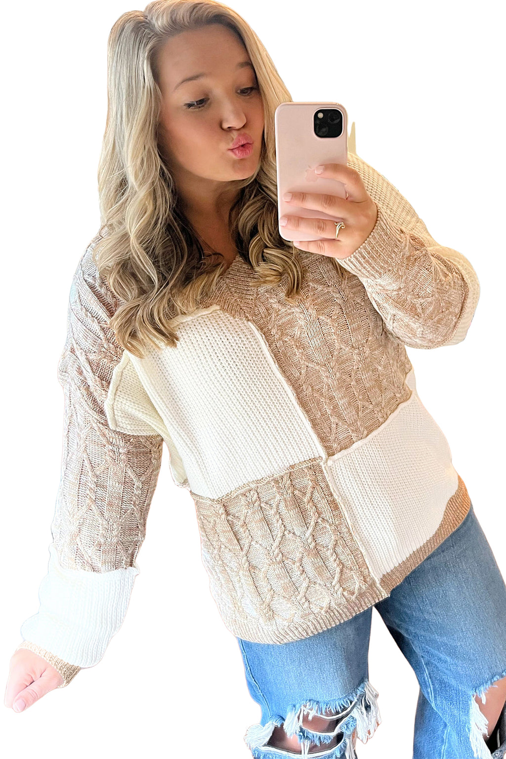 Parchment Colorblock V Neck Long Sleeve Tunic Loose Fit Plus Size Sweater