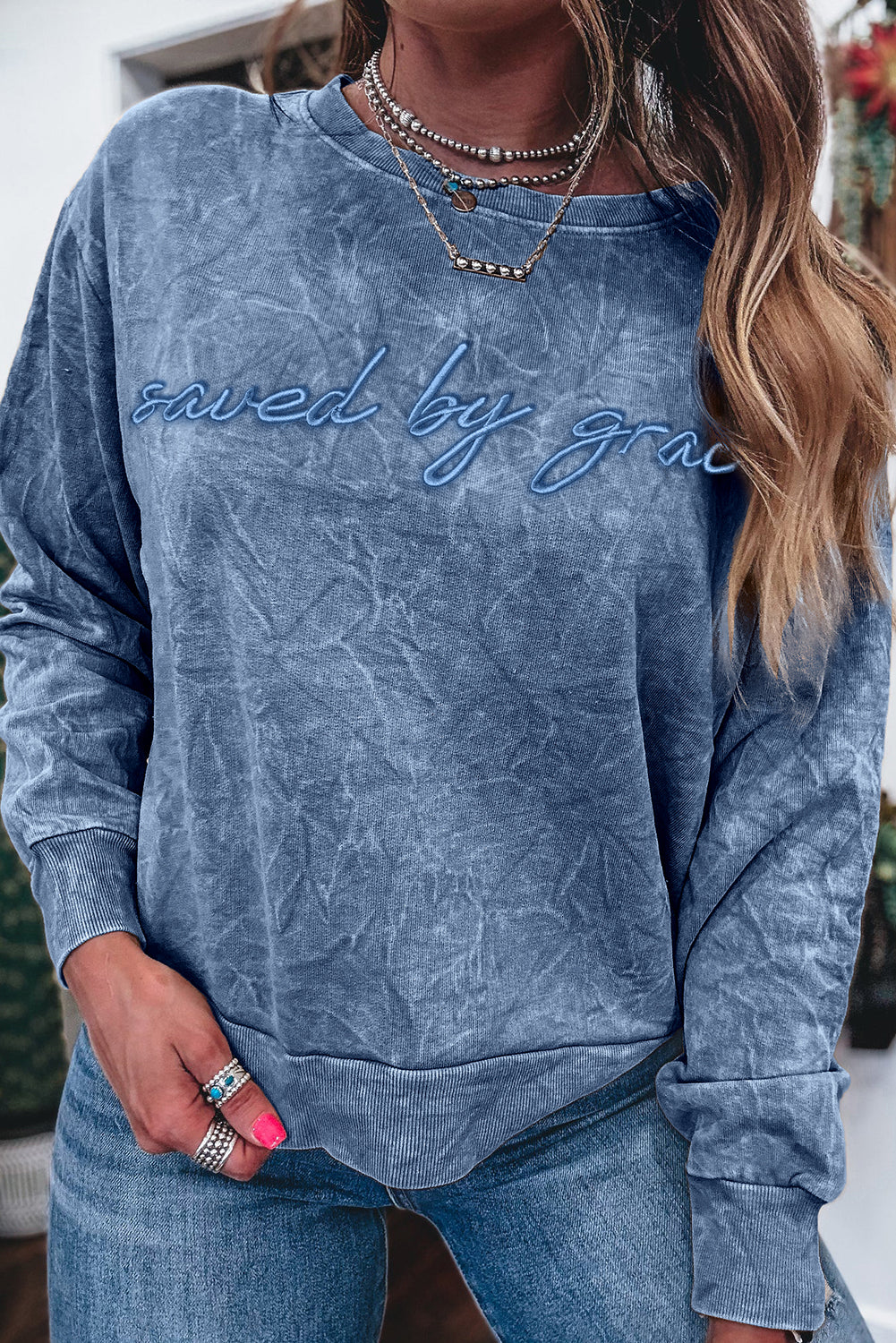 Mineral Red saved by grace Letter Embroidery Mineral Wash Loose Sweatshirt
