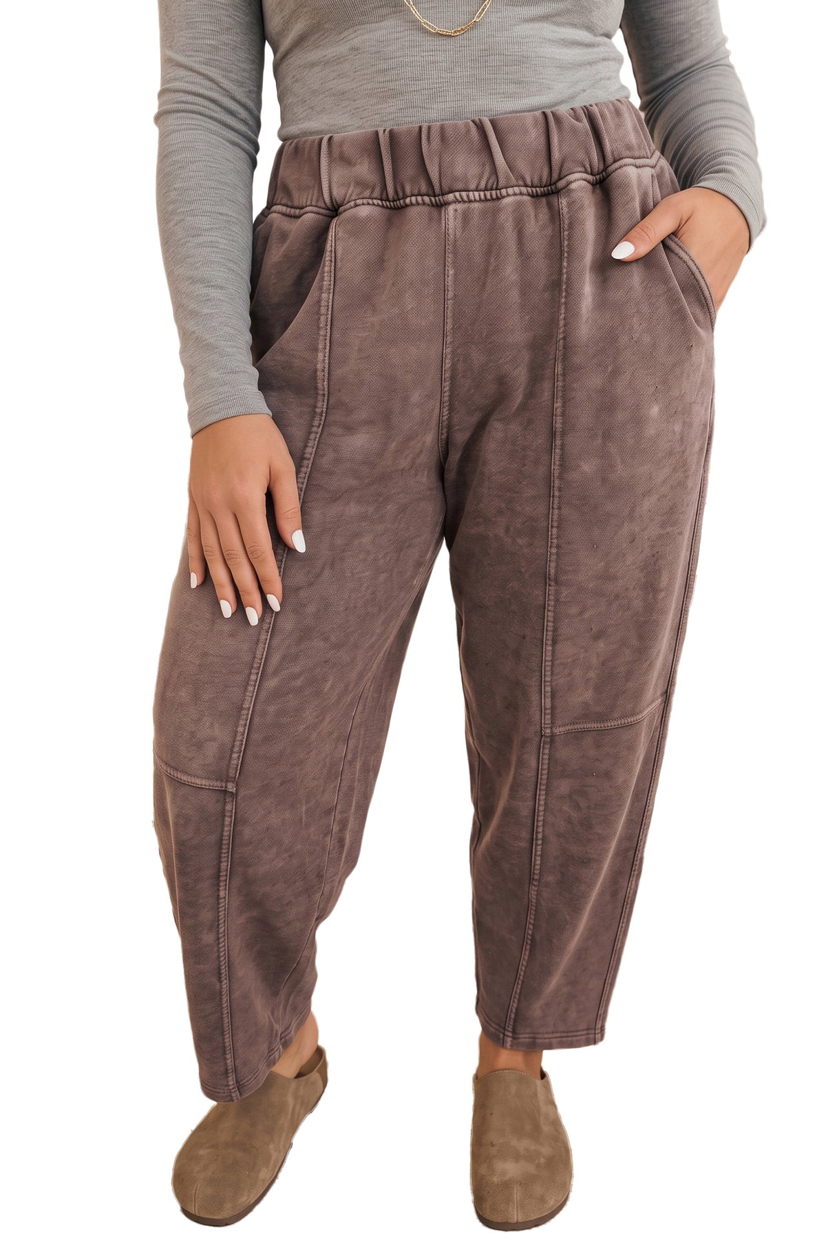 Coffee Mineral Wash Elastic Waistband Plus Size Barrel Pants