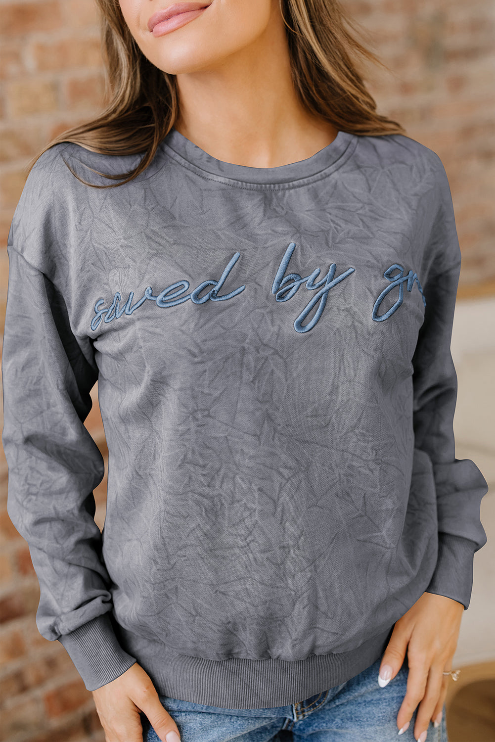 Mineral Red saved by grace Letter Embroidery Mineral Wash Loose Sweatshirt