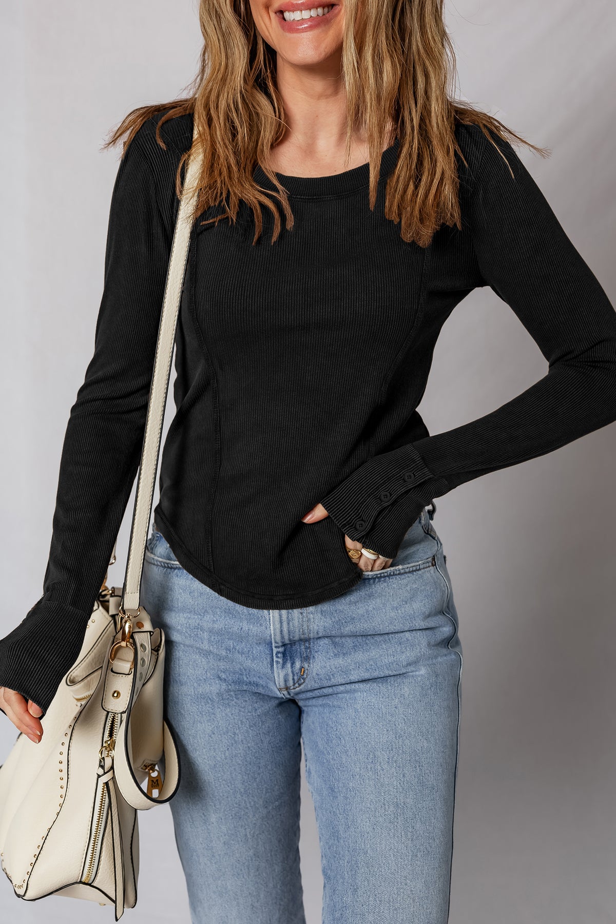 Coffee Exposed Seam Ribbed Long Sleeve Top