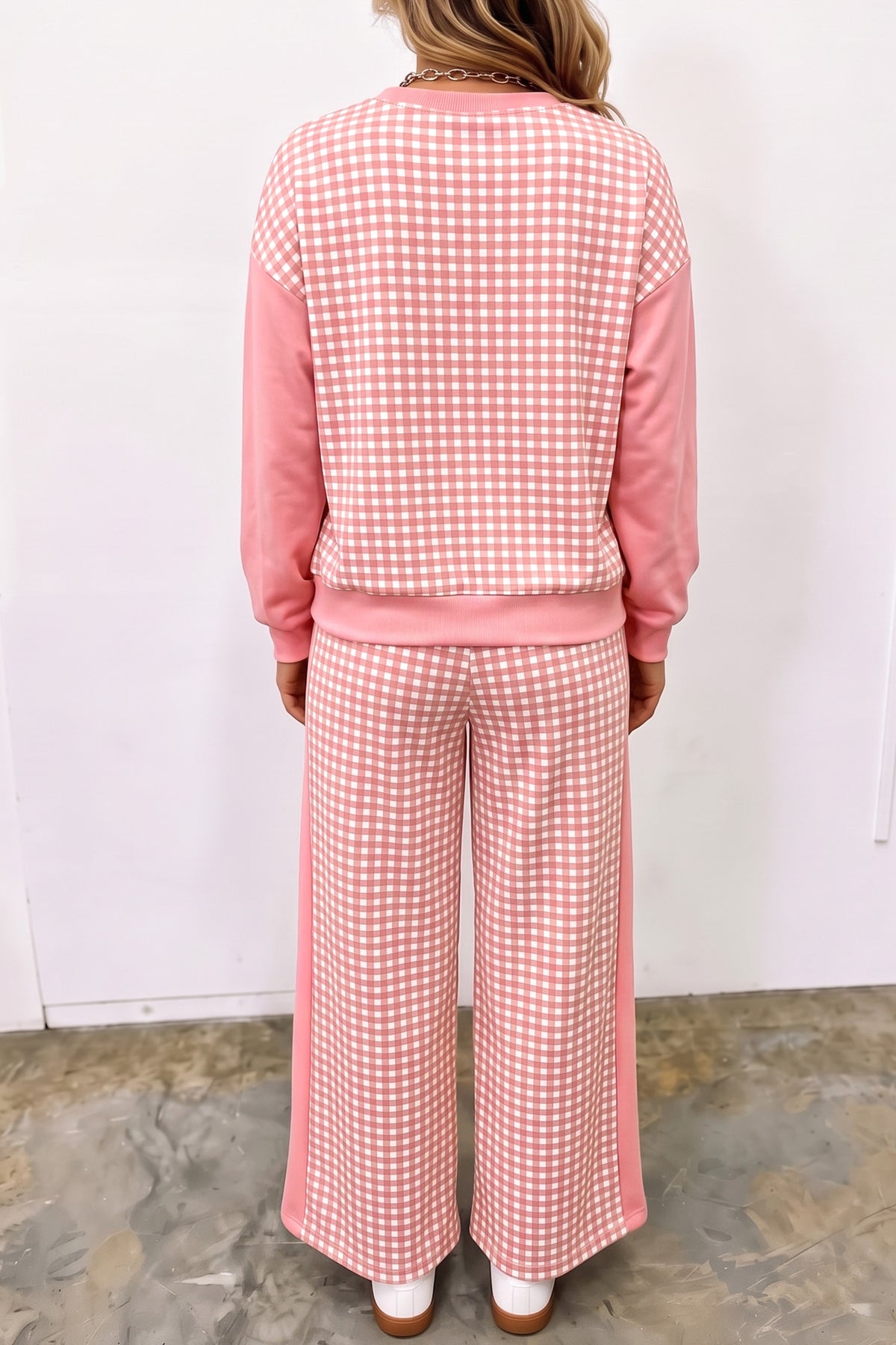 Khaki Color Block Plaid Patchwork Long Sleeve Pullover Wide Leg Pant Set