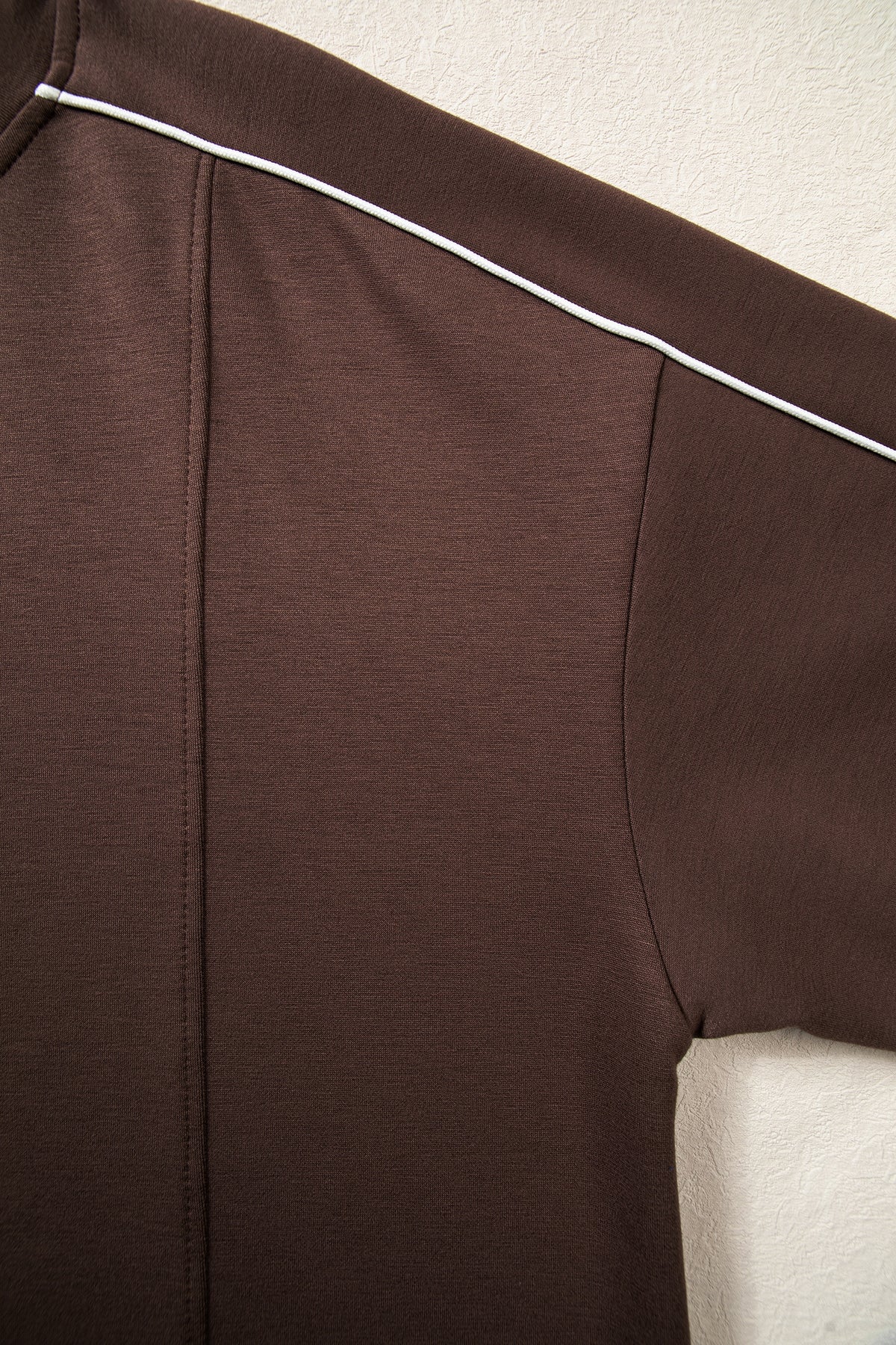 Coffee Sporty Piping Trim Mock Neck Pullover Relaxed 2pcs Pant Set