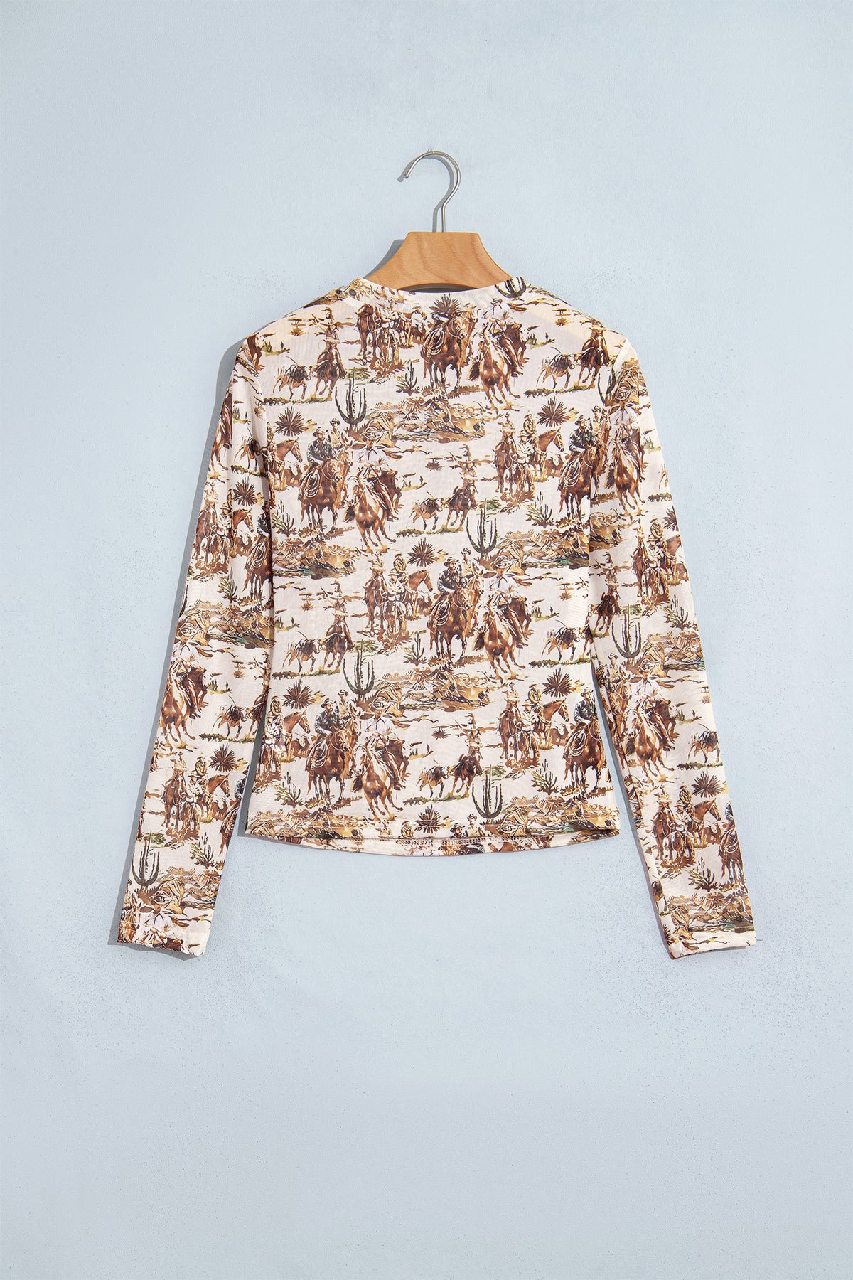 Brown Western Cowboy Floral Print Sheer Mesh Long Sleeve Top