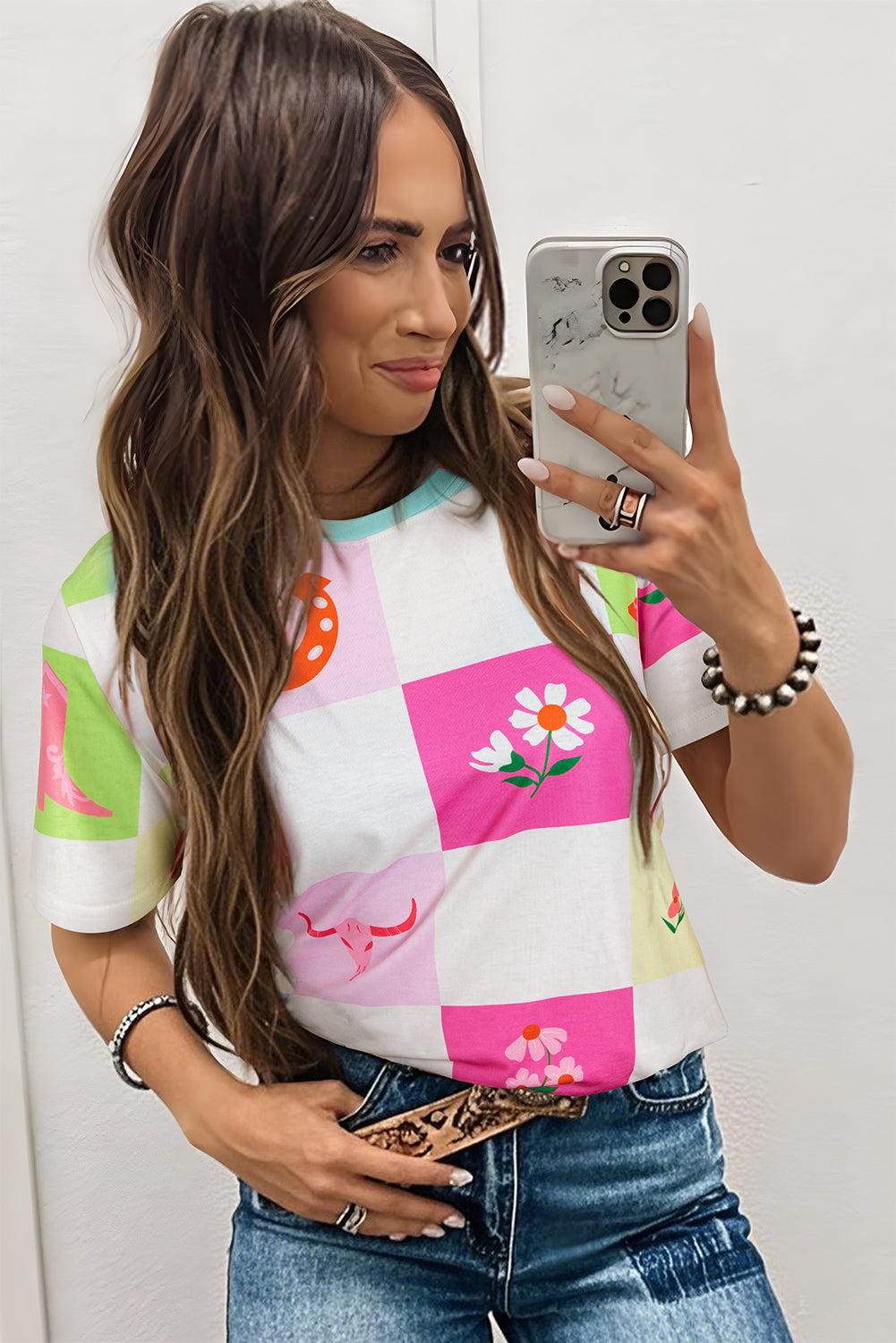 Orange Western Fashion Checker Print Crewneck T Shirt