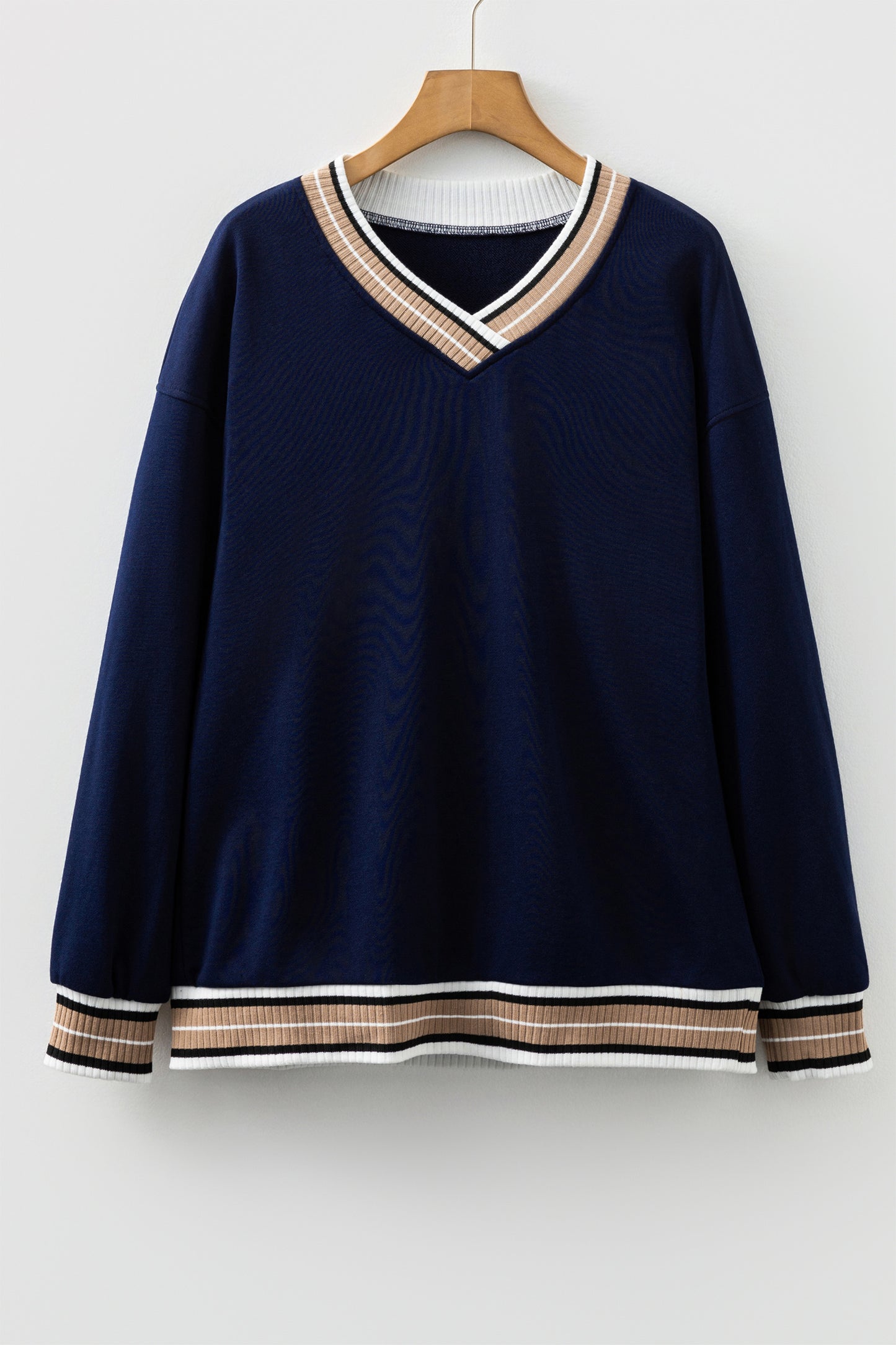 Parchment Varsity Contrast Striped Trim V Neck Sweatshirt