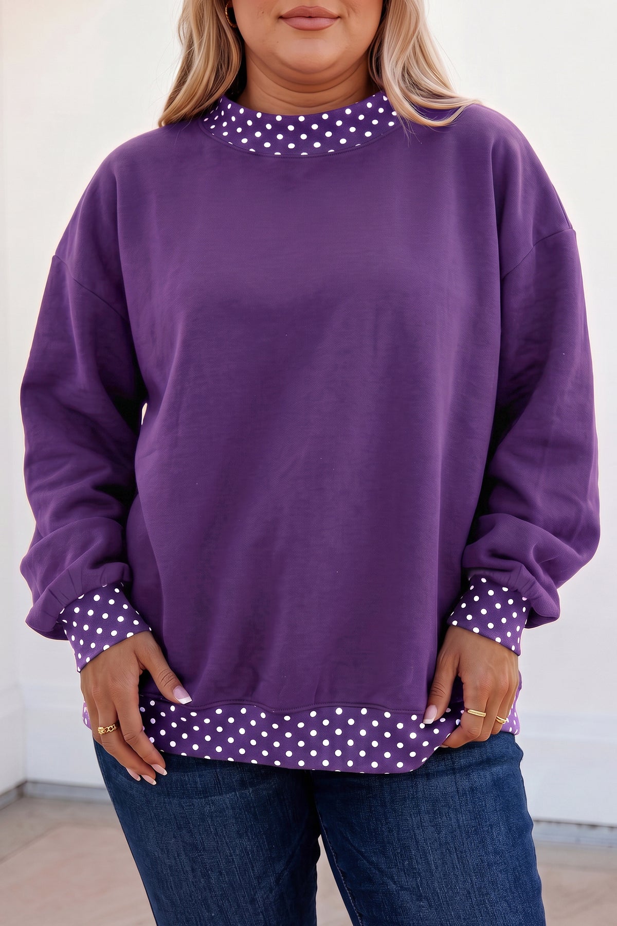Orange Polka Dot Patchwork Round Neck Plus Size Sweatshirt
