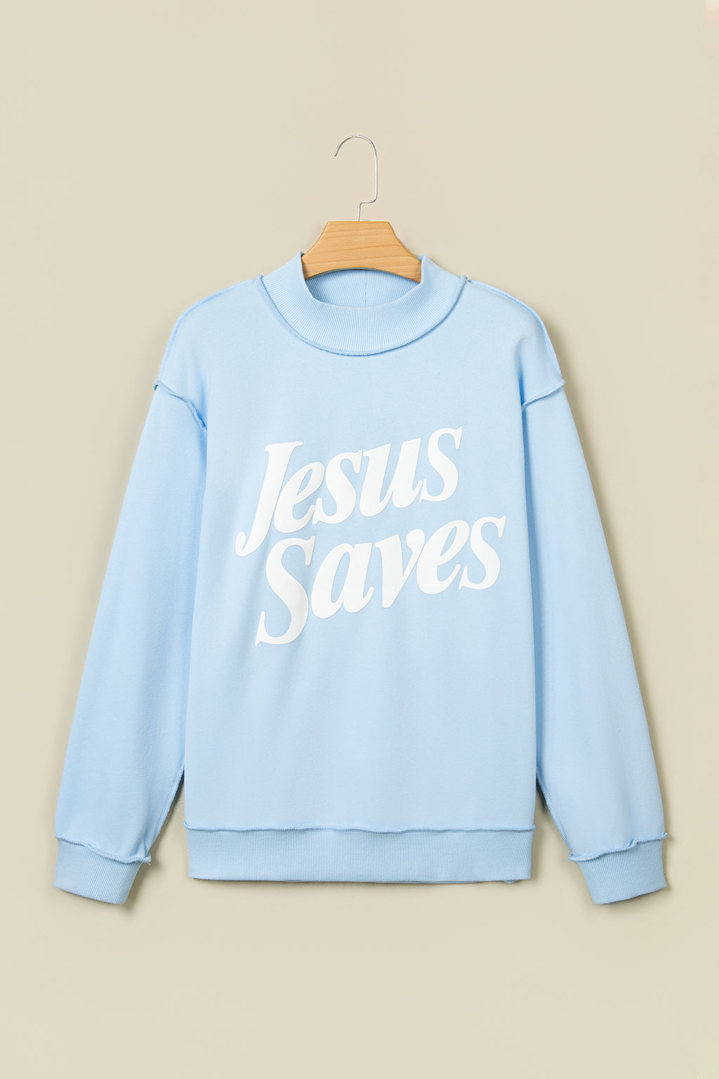 Mist Blue Jesus Saves Slogan Print Stand Neck Baggy Sweatshirt
