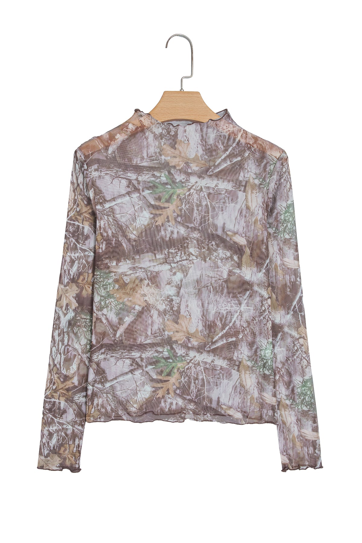 Oatmeal Western Print Slim Fit Mesh Long Sleeve Mock Neck Top