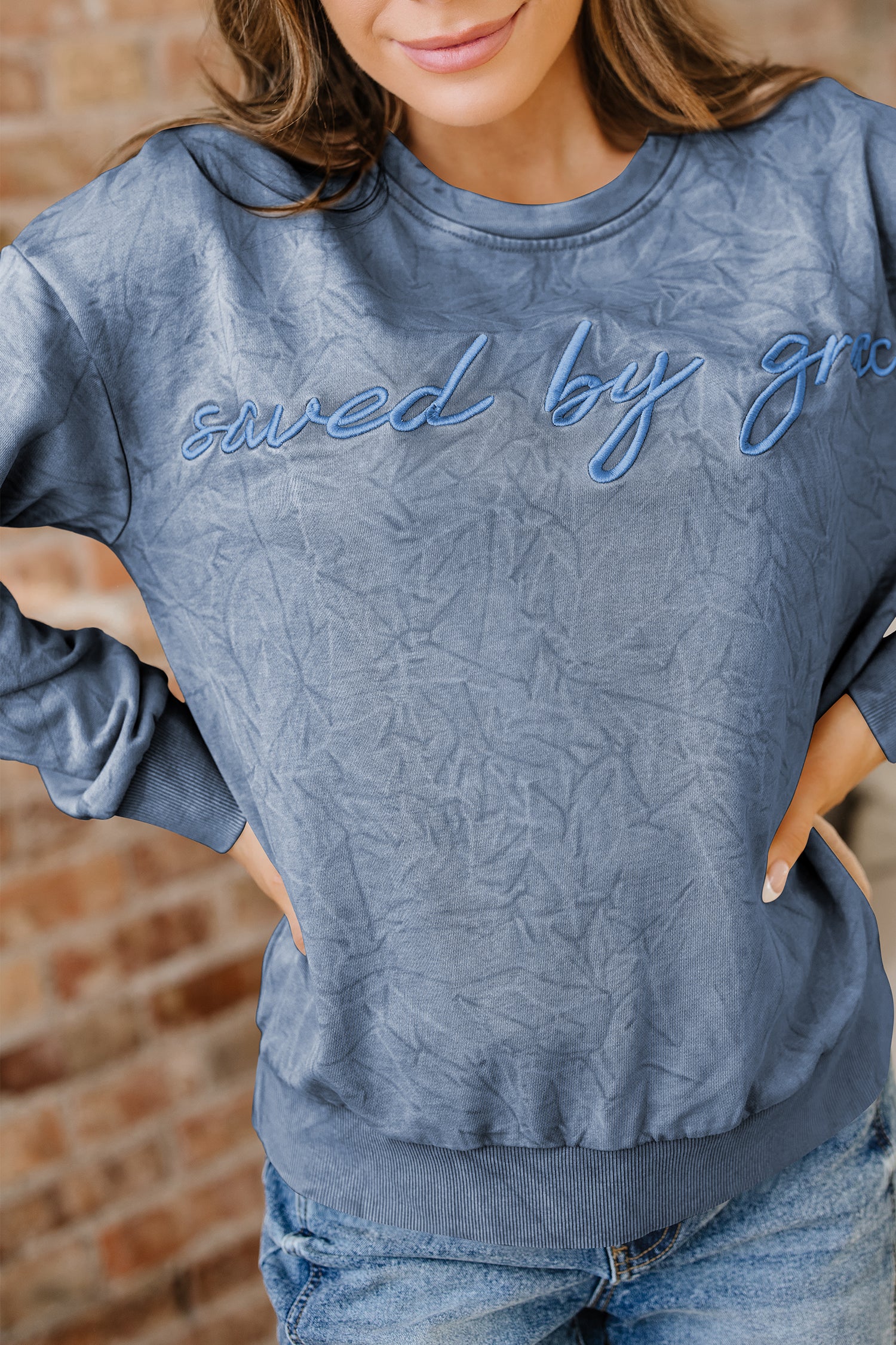 Mineral Red saved by grace Letter Embroidery Mineral Wash Loose Sweatshirt