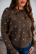 Coffee Dotted Print Ribbed Edge Knit Sweater