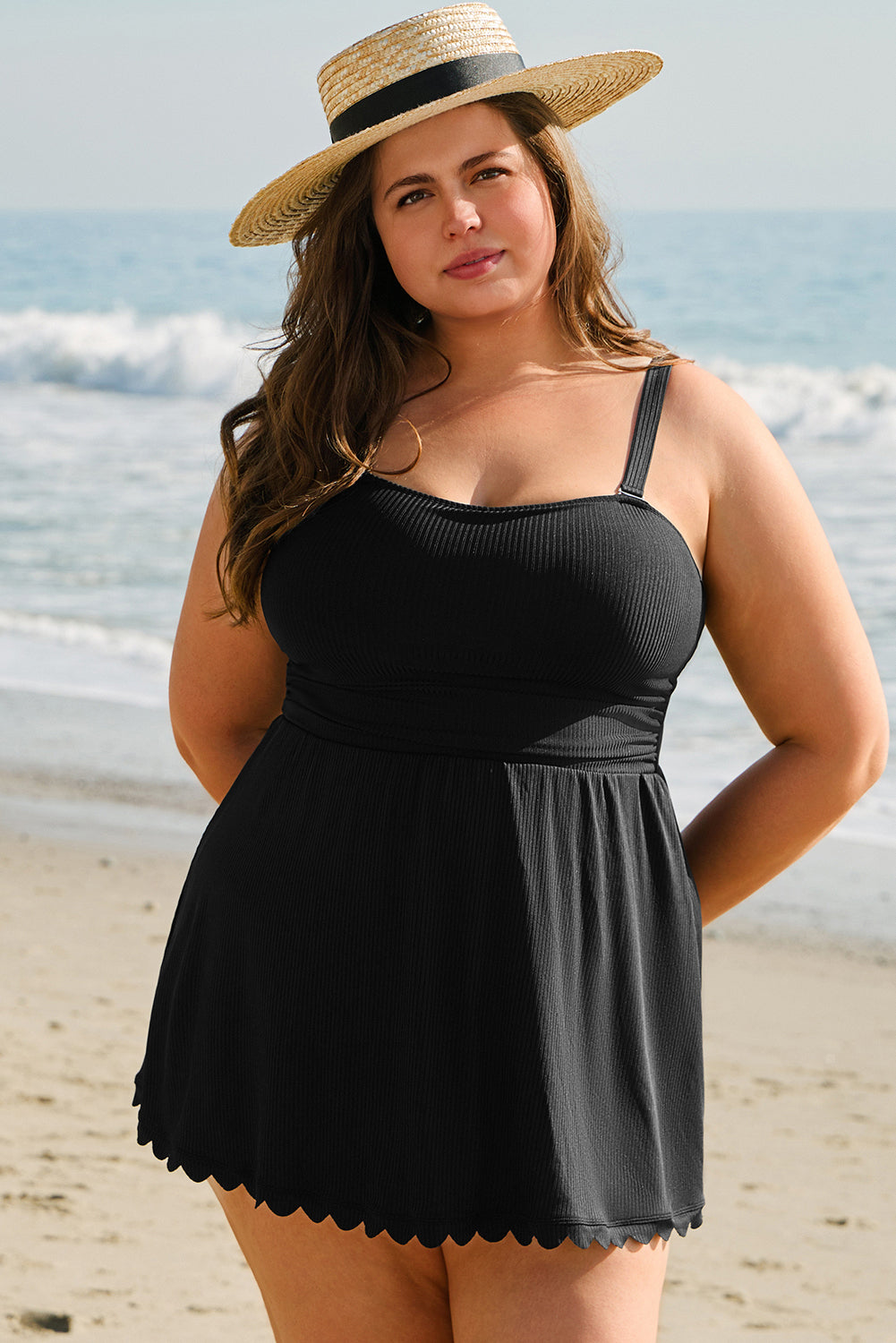 Black Plus Size Textured Scalloped Trim Swim Dress with Panty image 4
