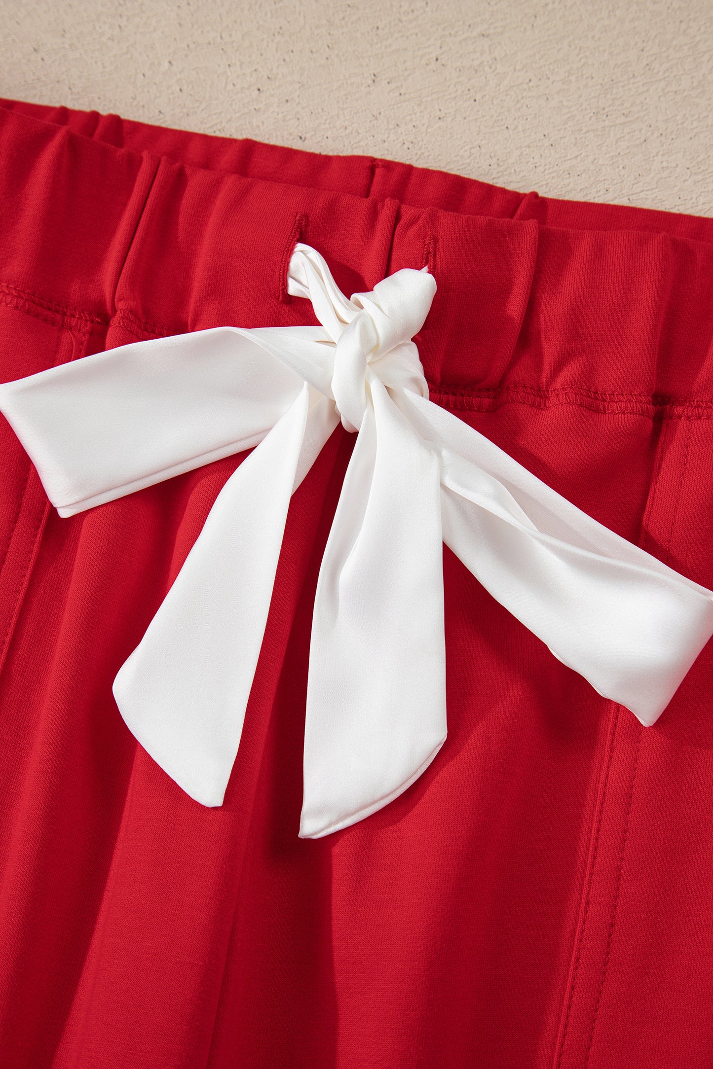 Fiery Red Contrast Trim Button V Neck Ribbon Bow Knot Waist 2pcs Lounge Pant Set